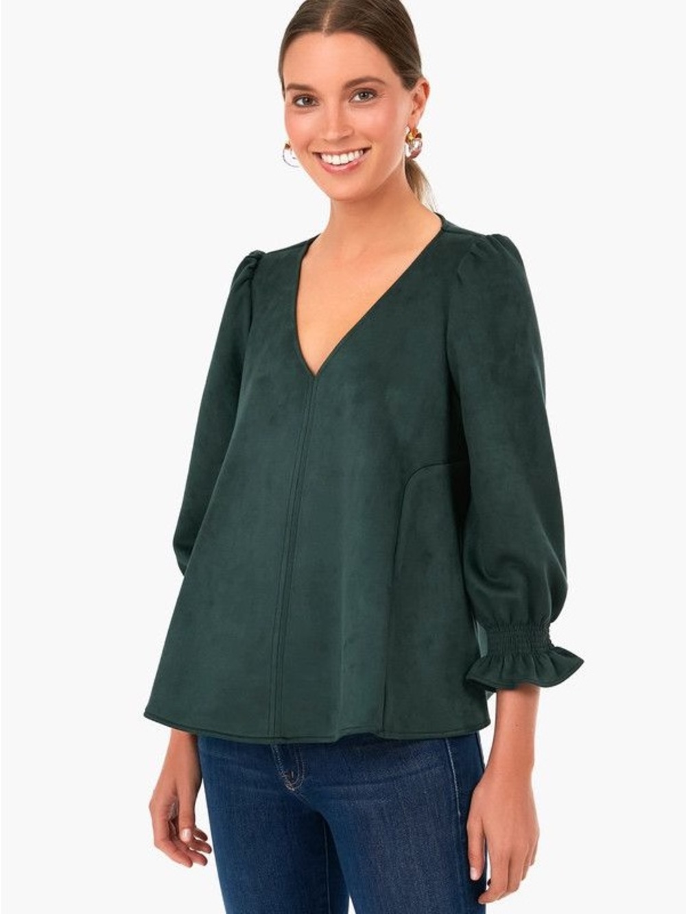 Tuckernuck Malachite Green Easton Faux Suede V-Neck Puff Sleeve Blouse Large